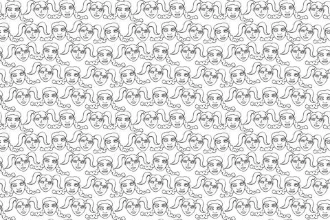 Seamless pattern with cartoon face vector people. Hand drawn line art illustr Illustrazione stock