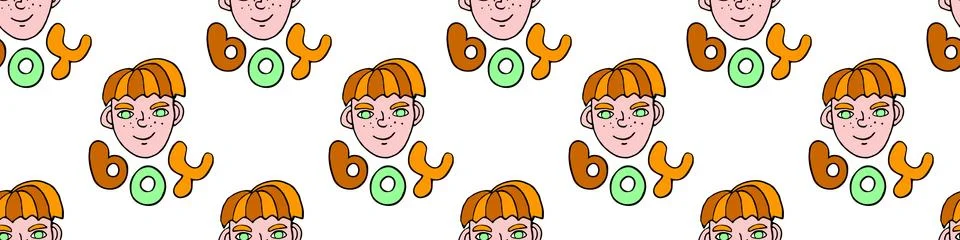 Seamless pattern with cartoon face vector boys and letterings. Hand drawn Doo Stock Illustration