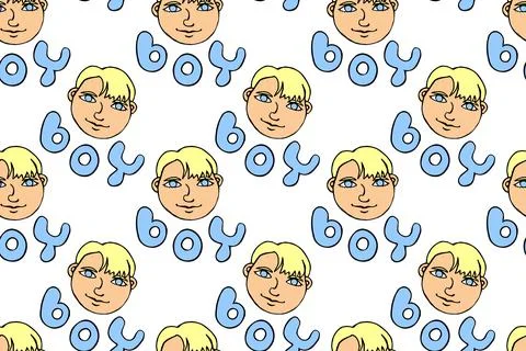 Seamless pattern with cartoon face vector boys and letterings. Hand drawn Doo Stock Illustration