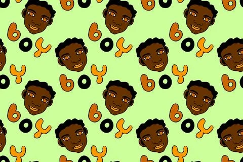 Seamless pattern with cartoon face vector boys and letterings. Hand drawn Doo Stock Illustration