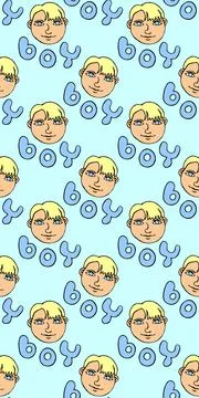 Seamless pattern with cartoon face vector boys and letterings. Hand drawn Doo Stock Illustration