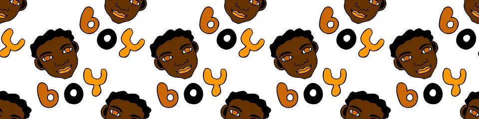 Seamless pattern with cartoon face vector boys and letterings. Hand drawn Doo Illustrazione stock