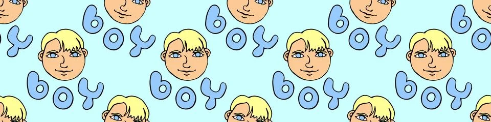 Seamless pattern with cartoon face vector boys and letterings. Hand drawn Doo Illustrazione stock