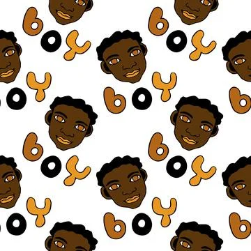 Seamless pattern with cartoon face vector boys and letterings. Hand drawn Doo Stock Illustration