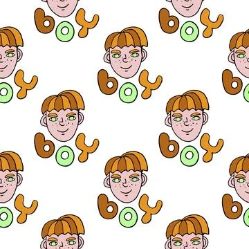 Seamless pattern with cartoon face vector boys and letterings. Hand drawn D.. Stock Illustration