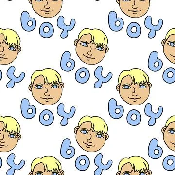 Seamless pattern with cartoon face vector boys and letterings. Hand drawn D.. Stock Illustration
