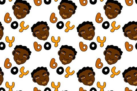 Seamless pattern with cartoon face vector boys and letterings. Hand drawn D.. Illustrazione stock