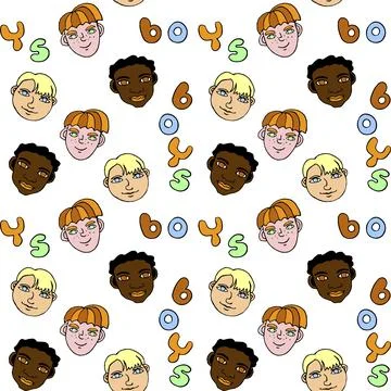 Seamless pattern with cartoon face vector boys and letterings. Hand drawn D.. Stock Illustration