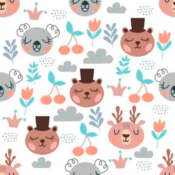 Seamless pattern with cartoon faces of bear, panda Illustrazione stock