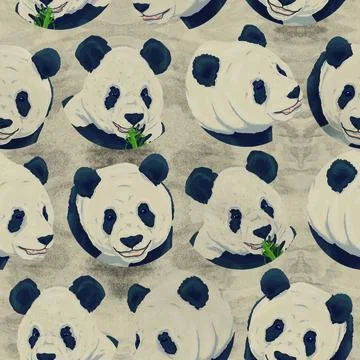 Seamless pattern with cartoon faces of panda bears and watercolor texture Stock Illustration