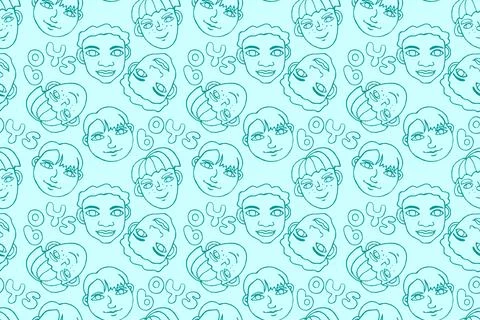 Seamless pattern with cartoon faces vector people. Hand drawn line art illust Stock-Illustration