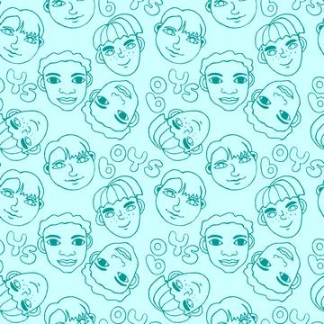 Seamless pattern with cartoon faces vector people. Hand drawn line art illust Stock-Illustration