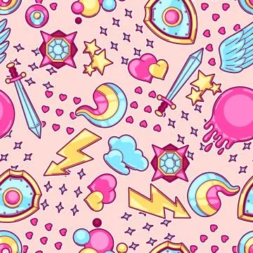 Seamless pattern with cartoon fantasy objects. Fashion symbols in comic style Stock Illustration