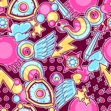 Seamless pattern with cartoon fantasy objects. Fashion symbols in comic style Illustrazione stock