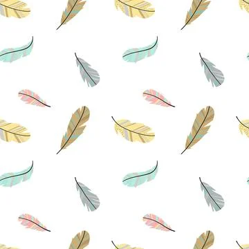 Seamless pattern of cartoon feathers in Boho style. Hand-drawn illustration f Illustrazione stock