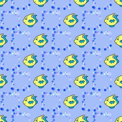 A seamless pattern with cartoon fish and bubbles. Stock Illustration