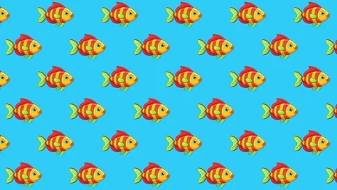 Seamless Pattern Cartoon Fish on blue backgorund. Backdrop Intro, party Stock Footage 281256572