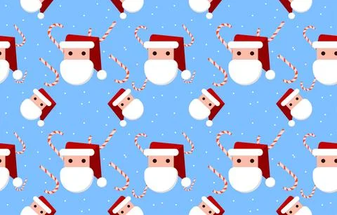 Seamless pattern cartoon flat style santa claus face with candy cane. Stock Illustration
