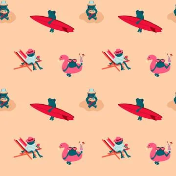 Seamless pattern with cartoon frogs in different beach poses Stock Illustration