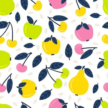 Seamless pattern with cartoon fruit. Juicy pears, cherries and apples. Frui.. Stock Illustration
