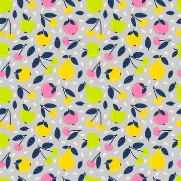 Seamless pattern with cartoon fruit. Juicy pears, cherries and apples. Frui.. Stockillustratie