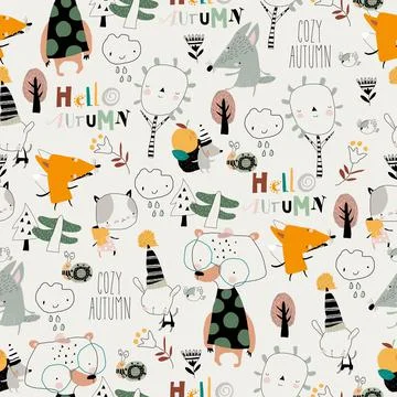 Seamless Pattern with Cartoon Funny Animals and Trees Stock Illustration