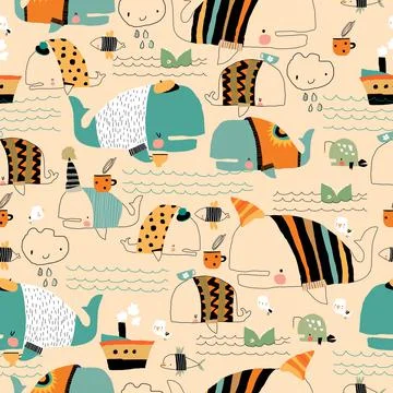 Seamless Pattern with Cartoon Funny Whales wearing Sweaters Stock Illustration