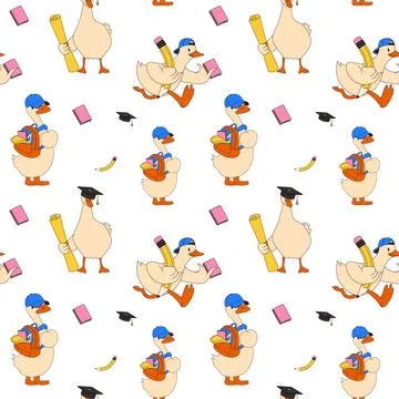Seamless pattern with Cartoon Geese Running with Pencil, Notepad, and Backpack Stock-Illustration