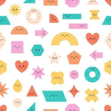 Seamless pattern with cartoon geometric shapes characters. 库存插图