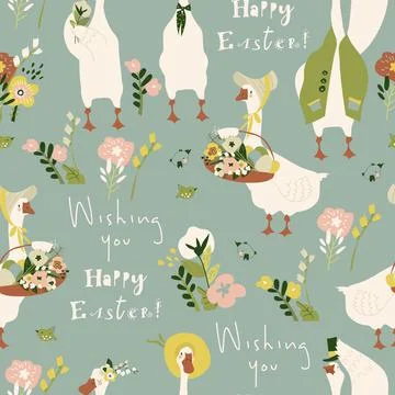 Seamless pattern with cartoon gooses and flowers Stock Illustration