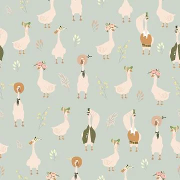Seamless Pattern with Cartoon Gooses and Flowers Stock Illustration