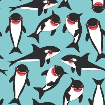 Seamless pattern Cartoon grampus orca, killer whale, sea wolf Kawaii with pin Stock Illustration