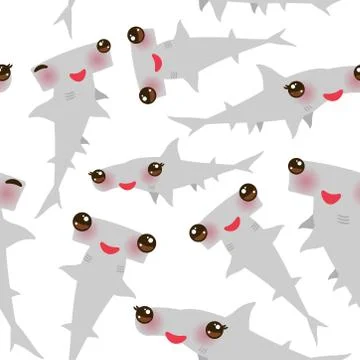 Seamless pattern Cartoon gray Smooth hammerhead Winghead shark Kawaii with pi Illustrazione stock