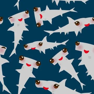Seamless pattern Cartoon gray Smooth hammerhead Winghead shark Kawaii with pi Illustrazione stock