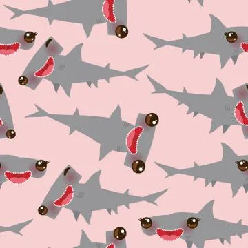 Seamless pattern Cartoon gray Smooth hammerhead Winghead shark Kawaii with pi Stock Illustration