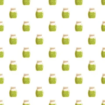 Seamless pattern with cartoon green pesto jars Stock Illustration