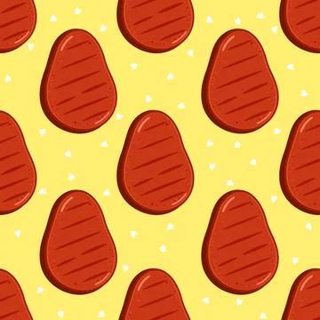 Seamless pattern with cartoon grilled steak hearts background Stock Illustration