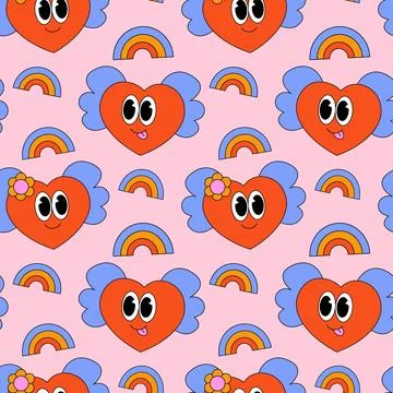 Seamless pattern with cartoon groovy Heart and rainbow Stock Illustration