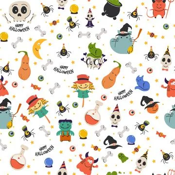 Seamless pattern with cartoon Halloween attributes. Colorful Helloween print  Stockillustratie