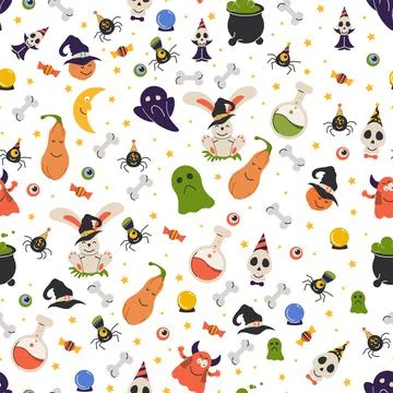 Seamless pattern with cartoon Halloween attributes. Colorful Helloween print  Stockillustratie