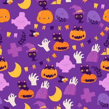 Seamless Pattern with Cartoon Halloween Pumpkin, Zombies, Cats and Graves Stock Illustration