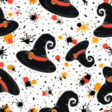 Seamless pattern of a cartoon Halloween with witch hat and paint splashes. Wi Stock Illustration