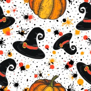 Seamless pattern of a cartoon Halloween with witch hat and pumpkin and paint  Stock Illustration