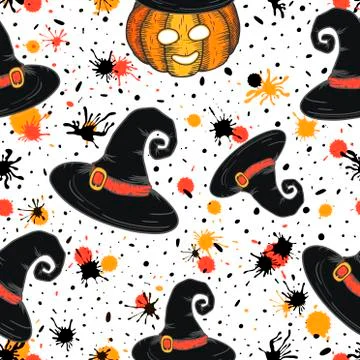 Seamless pattern of a cartoon Halloween with witch hat and pumpkin and paint  Stock Illustration
