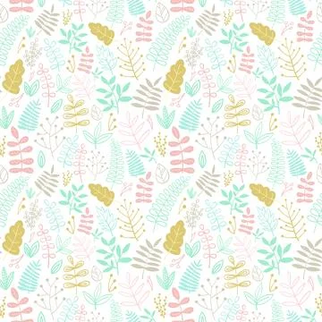 Seamless pattern of cartoon hand-drawn floral elements and leaves. Illustrati Illustrazione stock