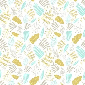 A seamless pattern of cartoon hand-drawn floral elements and leaves. Illustra Stock Illustration