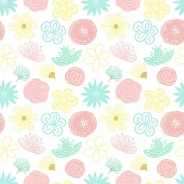 A seamless pattern of cartoon hand-drawn flowers and blossoms. Illustration i Stock Illustration