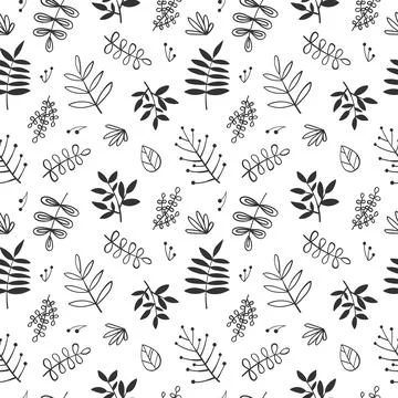A seamless pattern of cartoon hand-drawn floral elements and leaves. Black an Stockillustratie