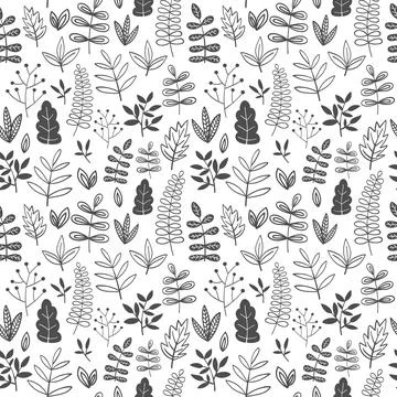 A seamless pattern of cartoon hand-drawn floral elements and leaves. Black an Illustrazione stock