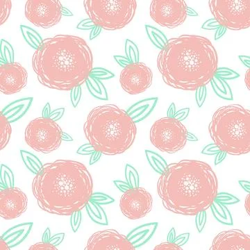 Seamless pattern of cartoon hand-drawn pink cute flowers and small green leav Stock Illustration